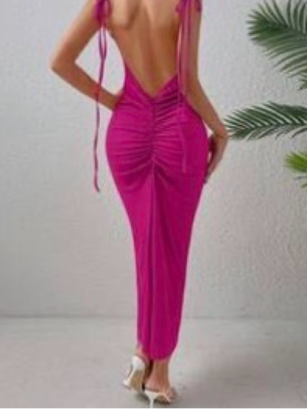 SHEIN Fuchsia Ruched Backless Tie-Shoulder Maxi Dress